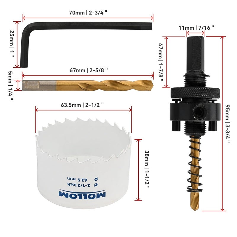 Mollom (63.5mm | 2-1/2") HSS M42 with 8% Cobalt BI-Metal Hole Saw with 2 Pilot Drill Bits & Arbor Smooth Cutting for PVC,Drywall,Wood,Plastic,Gypsum Board,Rubber - Image 2